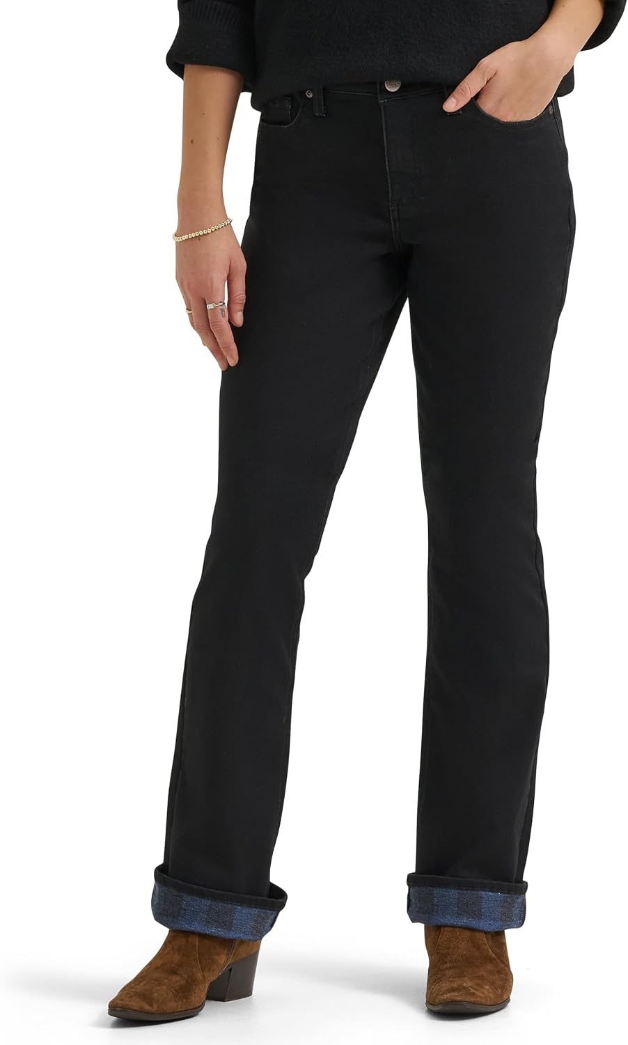 image:imageLee Womens Legendary Mid Rise Bootcut JeanFine Black Plaid Fleece Lined