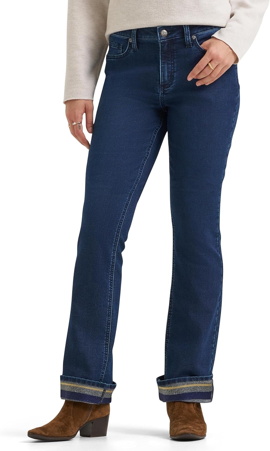 image:imageLee Womens Legendary Mid Rise Bootcut JeanHarbor Rinse Fleece Lined