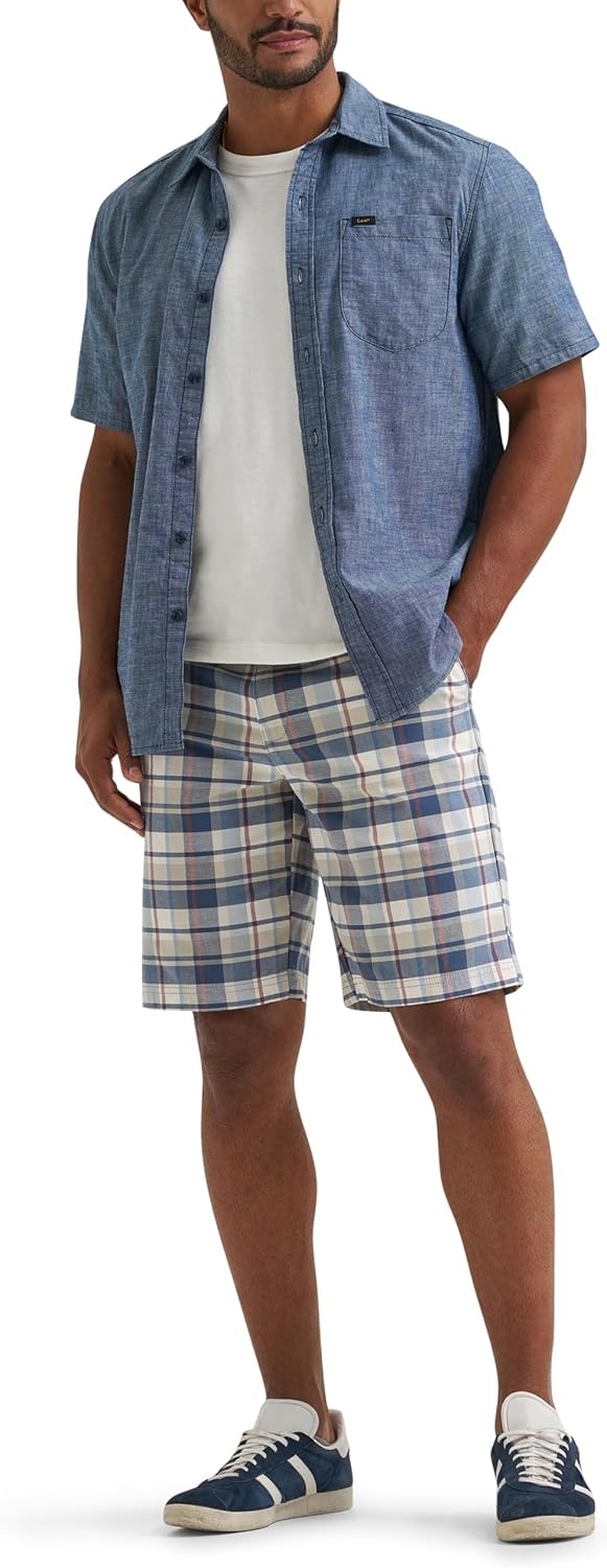 image:imageLee Mens Big amp Tall Extreme Motion Flat Front ShortSlate Gray Plaid