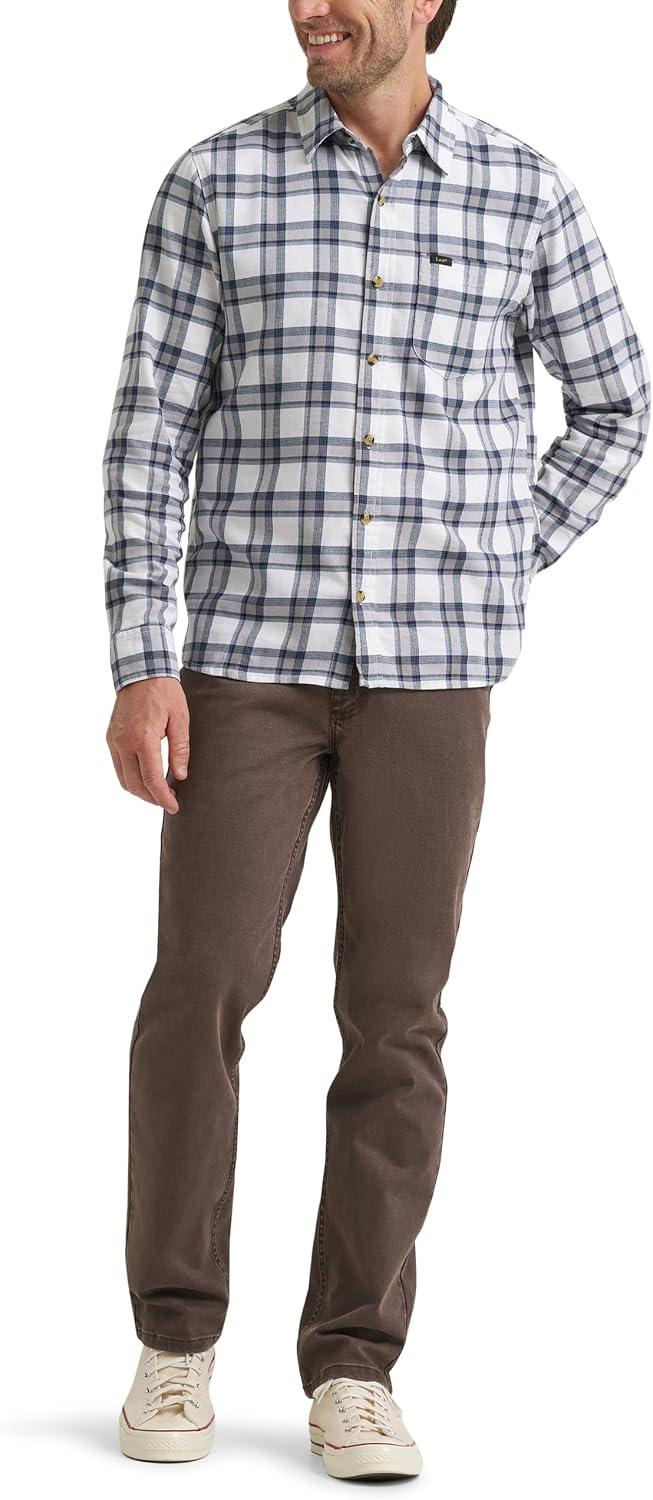 image:imageLee Mens All Purpose Classic Fit Long Sleeve ShirtBright White Sharkskin Plaid Twill