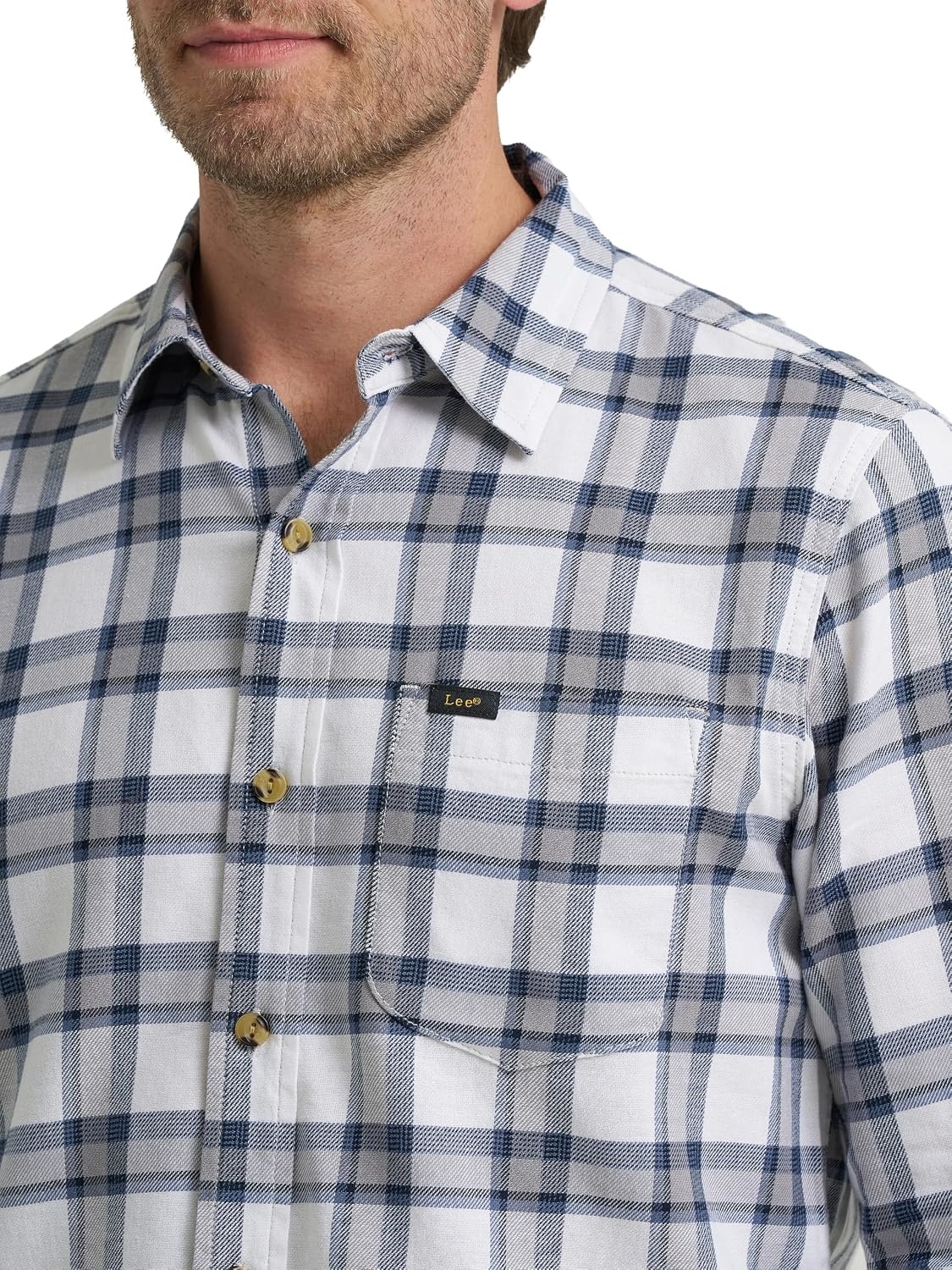 image:imageLee Mens All Purpose Classic Fit Long Sleeve ShirtBright White Sharkskin Plaid Twill