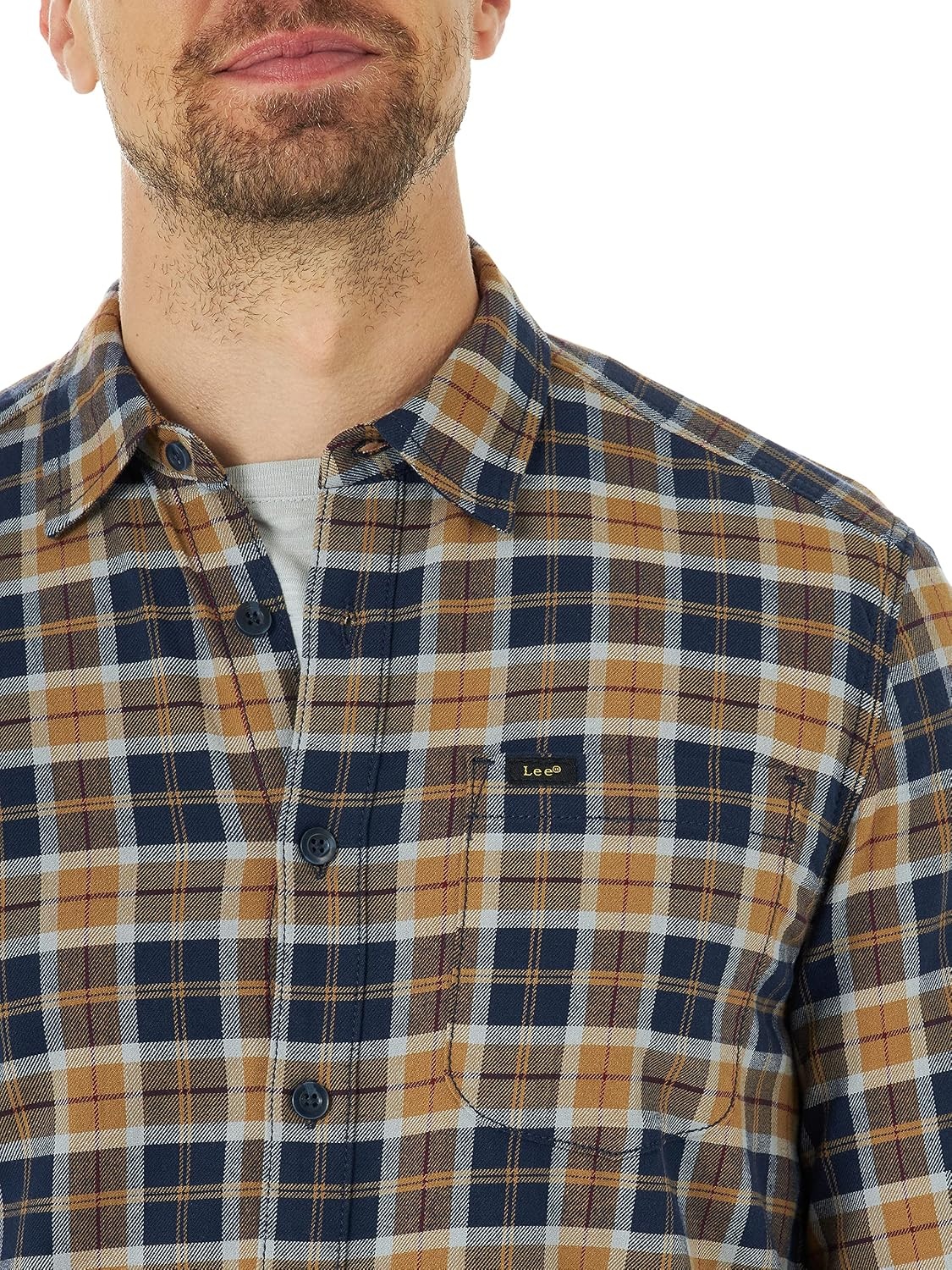 image:imageLee Mens All Purpose Classic Fit Long Sleeve ShirtNavyBrown Plaid Stretch Twill