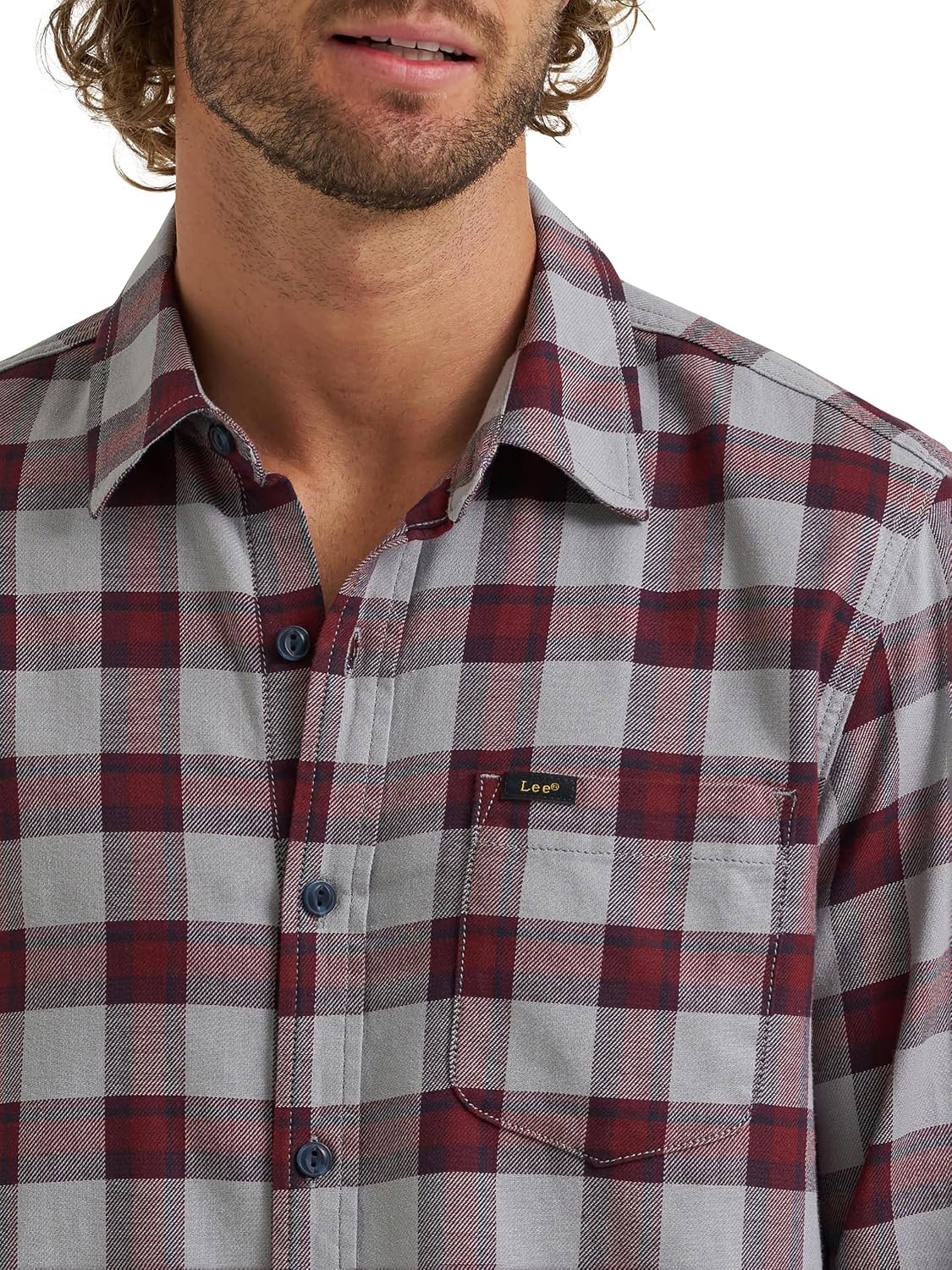 image:imageLee Mens All Purpose Classic Fit Long Sleeve ShirtNeutral Gray Port Plaid Twill