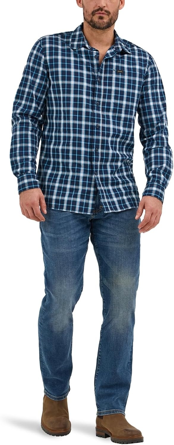 image:imageLee Mens All Purpose Classic Fit Long Sleeve ShirtRivet Navy Plaid