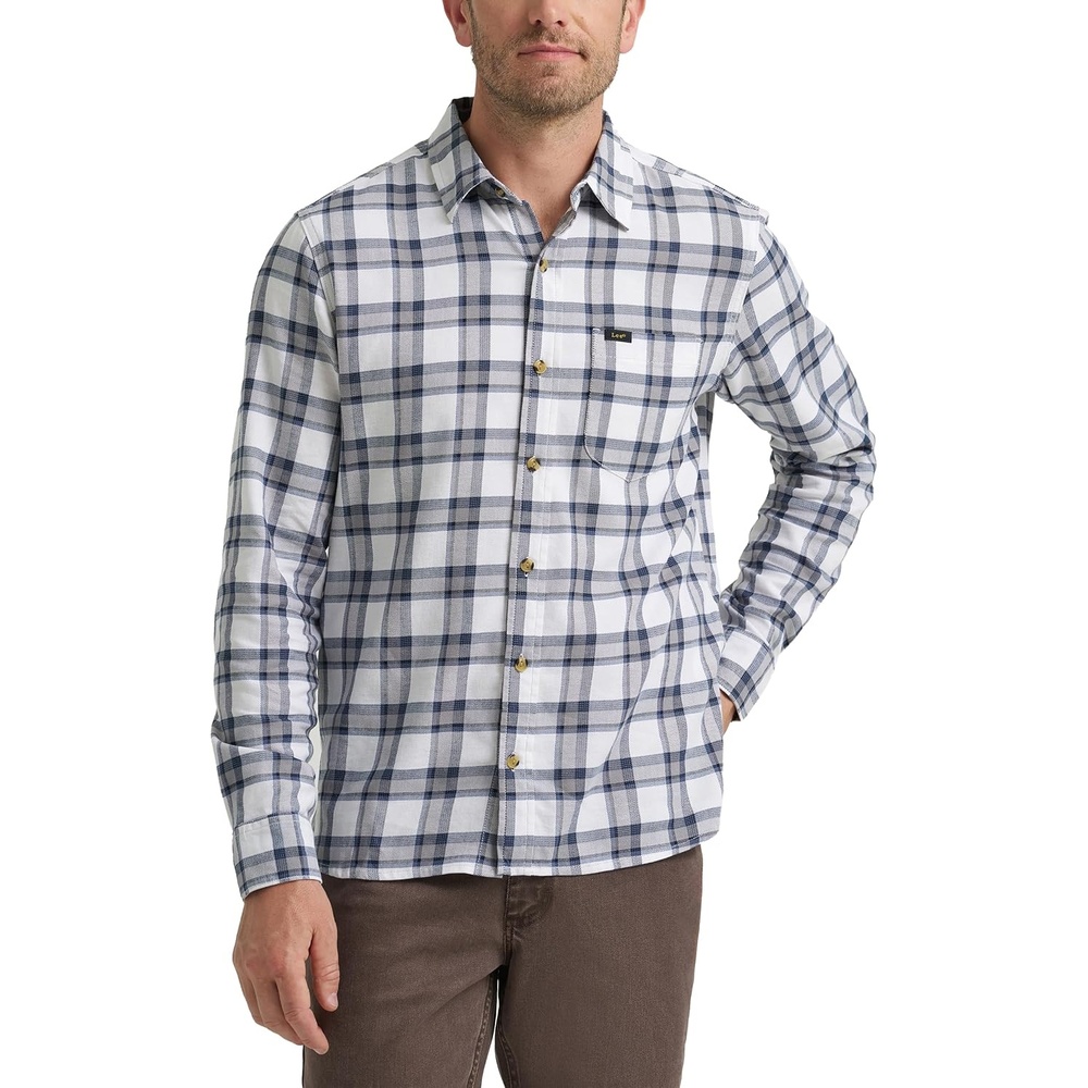 image:imageLee Mens All Purpose Classic Fit Long Sleeve ShirtBright White Sharkskin Plaid Twill
