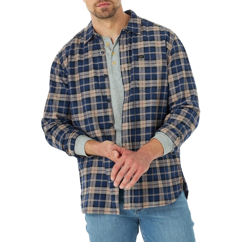 image:imageLee Mens All Purpose Classic Fit Long Sleeve ShirtNavy Plaid Stretch Twill