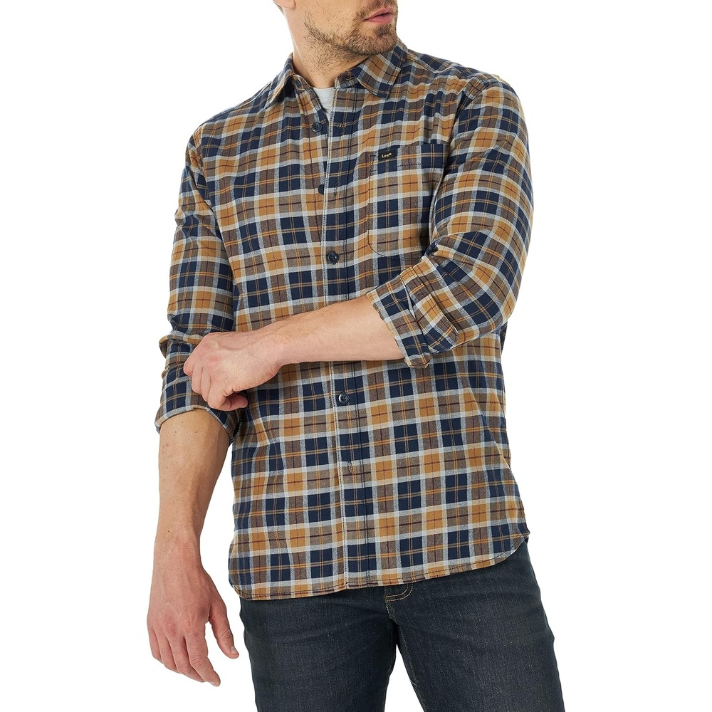image:imageLee Mens All Purpose Classic Fit Long Sleeve ShirtNavyBrown Plaid Stretch Twill
