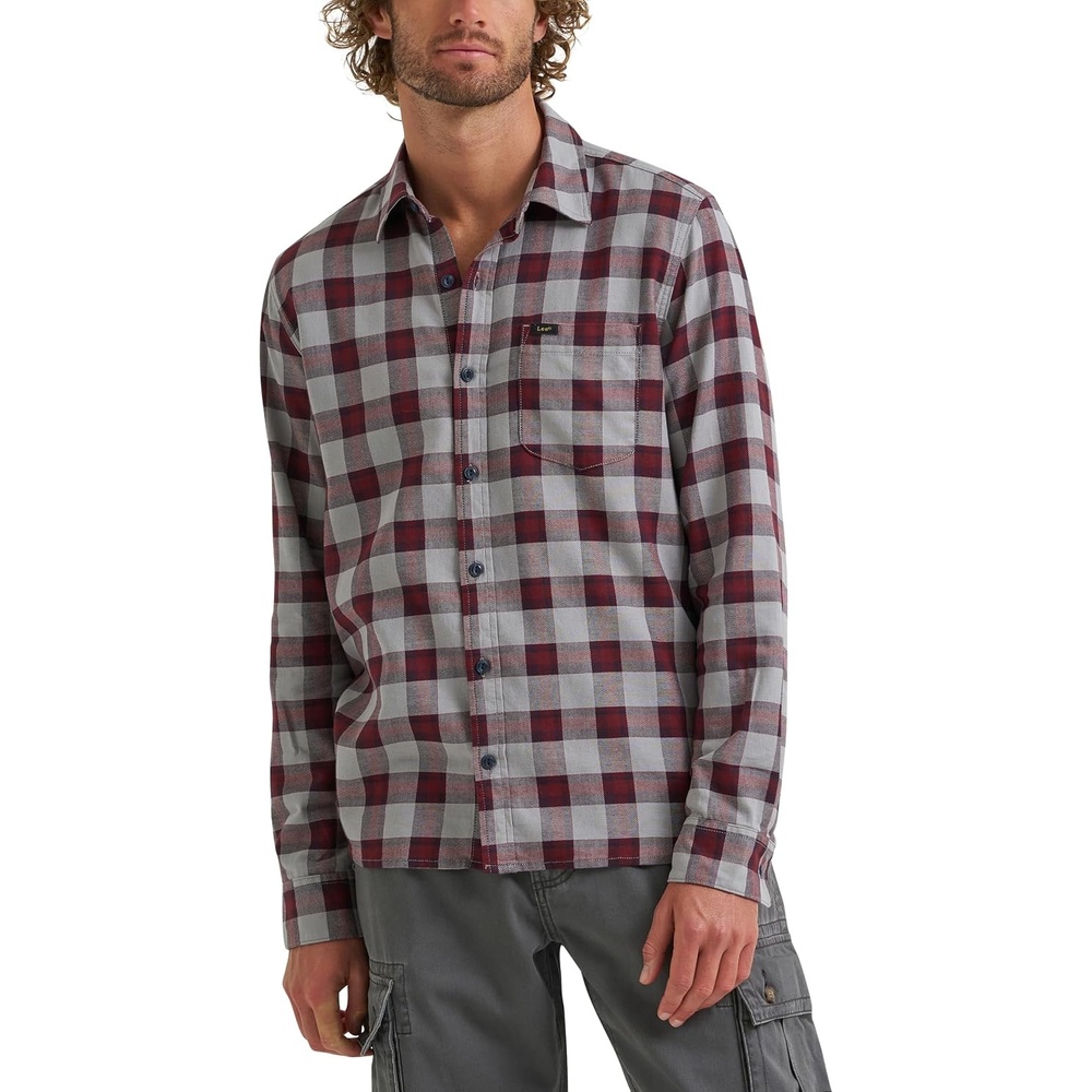 image:imageLee Mens All Purpose Classic Fit Long Sleeve ShirtNeutral Gray Port Plaid Twill